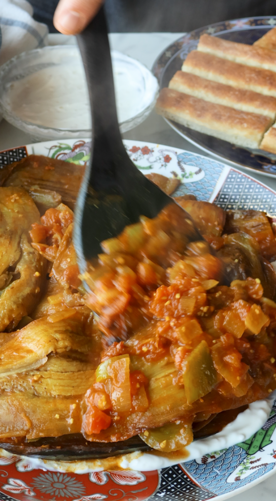 a big plate of Borani Banjan. Afghan Eggplant